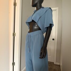 Light blue set - cropped short sleeve & long pant drawstring w/ silver detailng